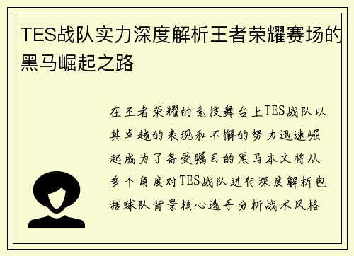 TES战队实力深度解析王者荣耀赛场的黑马崛起之路